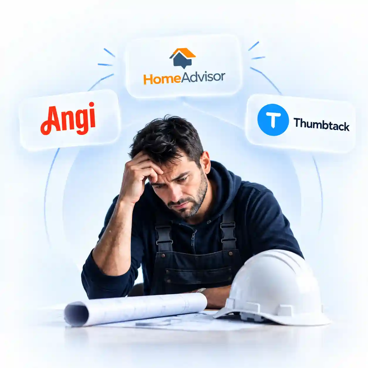 Frustrated contractor surrounded by Angi, HomeAdvisor, and Thumbtack platform fees