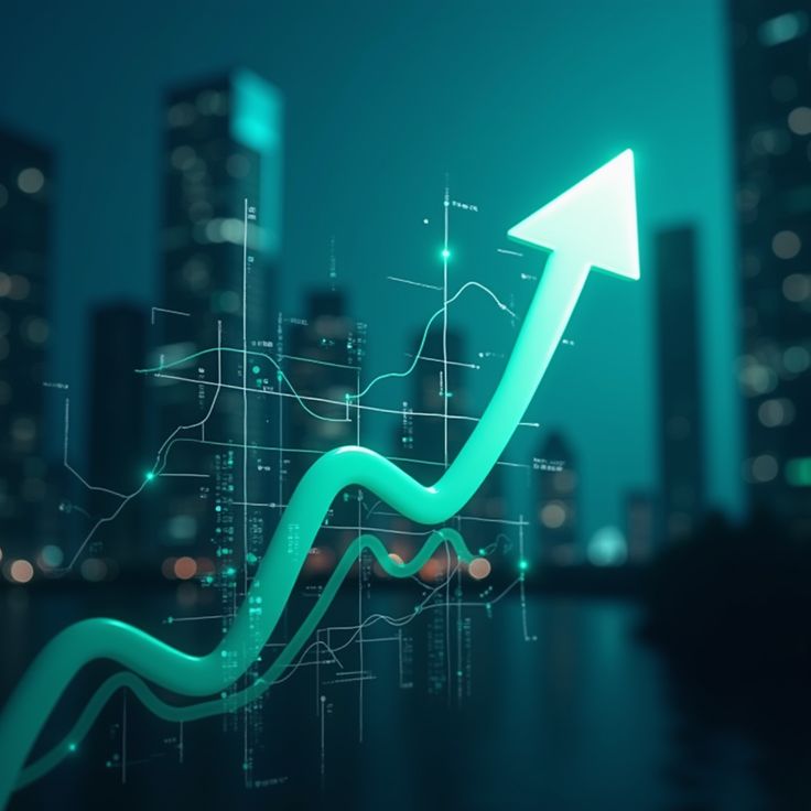 Growth arrow with city skyline data visualization